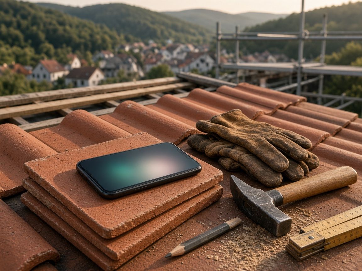 Smartphone auf einem Stapel Tondachziegel, daneben Arbeitshandschuhe, Hammer und Zollstock.