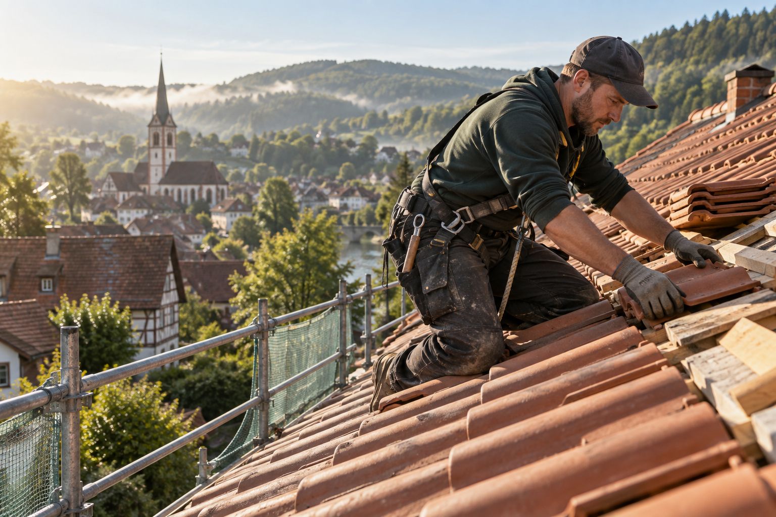 Dachdecker verlegt Tonziegel auf einem eingerüsteten Dach über einer Kleinstadt im Mittelgebirge.